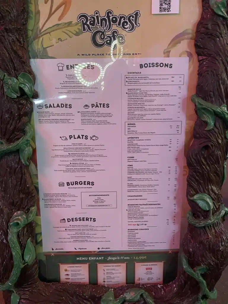 Rainforest Cafe at Disneyland Paris menu