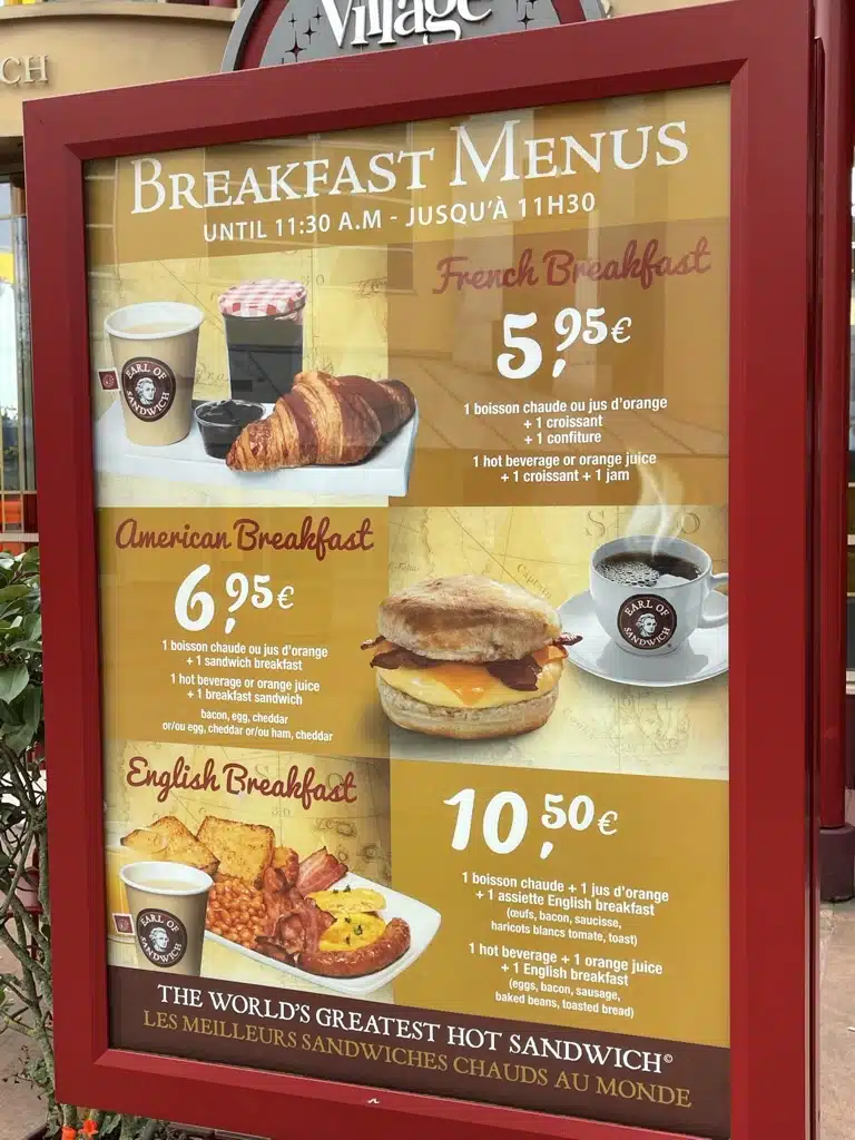 Breakfast menu at Earl of Sandwich in Disney Village